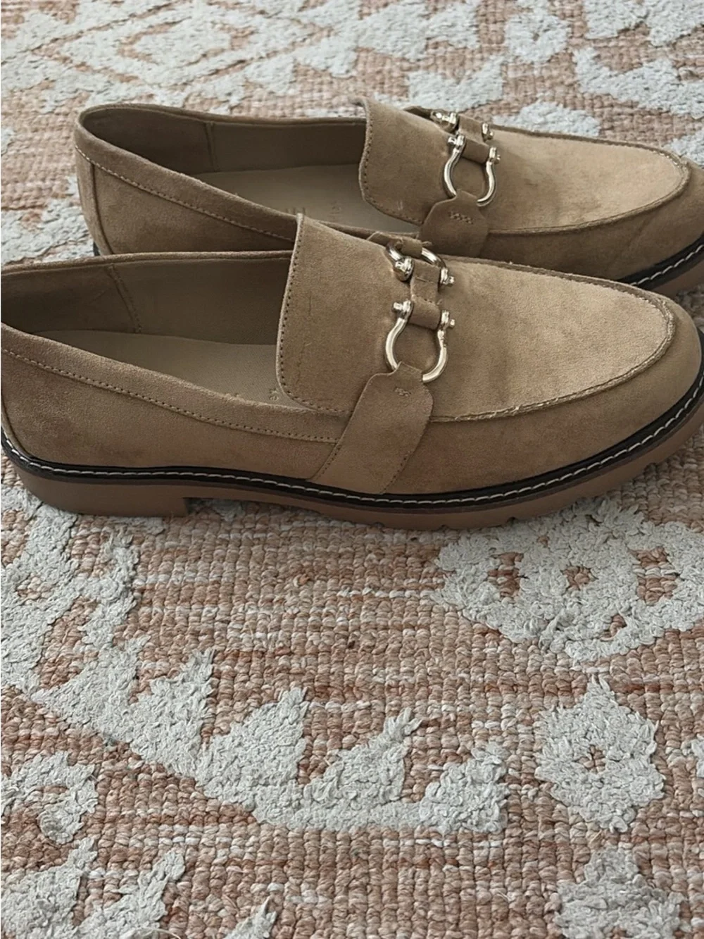 Anne Klein Tan Suede Loafers with Gold Hardware